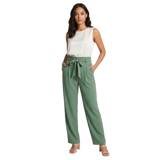 Vila Viclva effen rechte broek met strikriem voor dames (Eend Groen) - Image 3