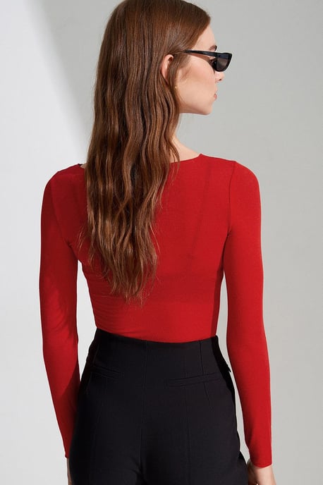 Slim Fit Boat Neck Long Sleeve Knit Blouse - Image 2