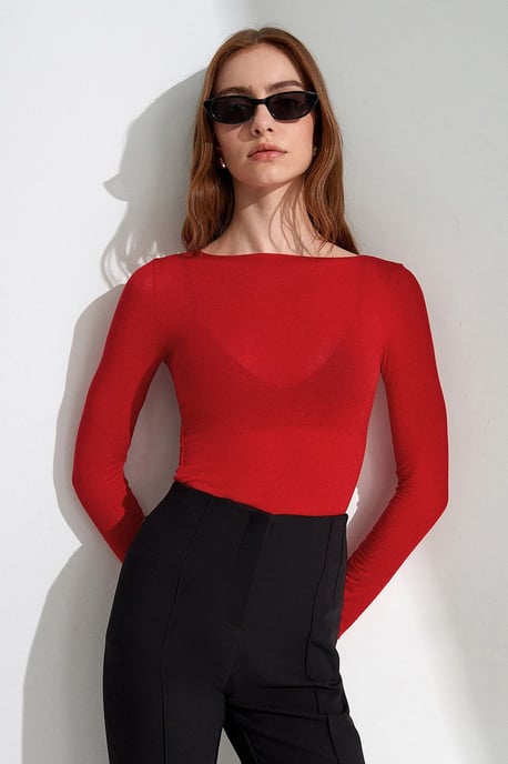 Slim Fit Boat Neck Long Sleeve Knit Blouse - Image 3