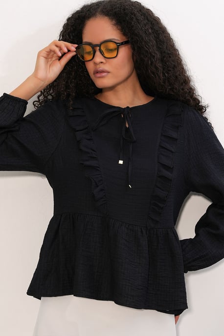 Frilly Woven Blouse With Tie Closure - Image 3