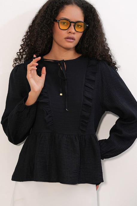 Frilly Woven Blouse With Tie Closure - Image 4