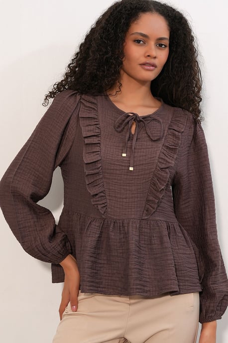 Rimpelige Geweven Blouse Met Strik Sluiting - Image 3