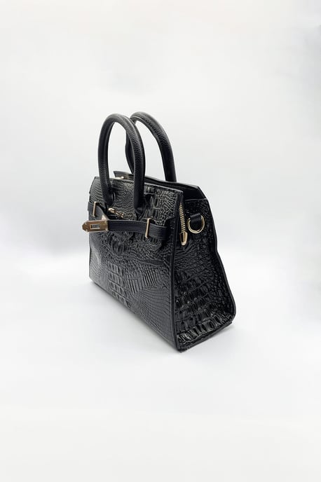Crocodile-Print Handbag in Black - Image 4
