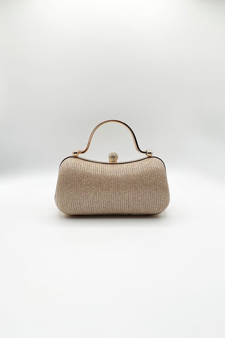 Diamonte Handle Glitter Clutch Bag with Chain Strap in Gold - Image 4