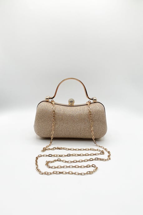 Diamonte Handle Glitter Clutch Bag with Chain Strap in Gold - Image 5
