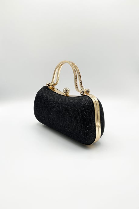 Diamonte Handle Glitter Clutch Bag with Chain Strap in Black - Image 3