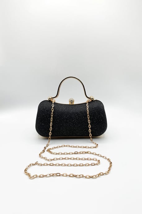 Diamonte Handle Glitter Clutch Bag with Chain Strap in Black - Image 5
