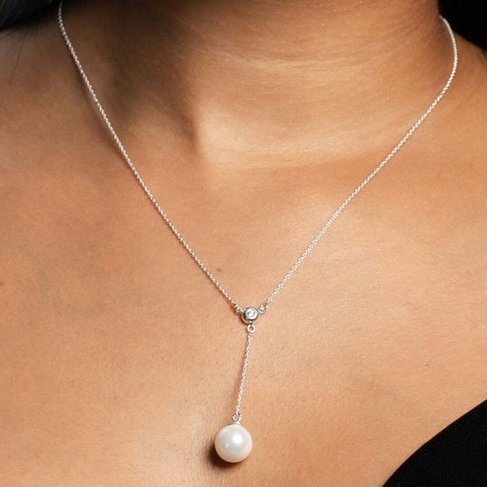 Women's Lariat Necklace with Pearl and Cubic Zirconia in 925 Sterling Silver BICLL019 - Image 3