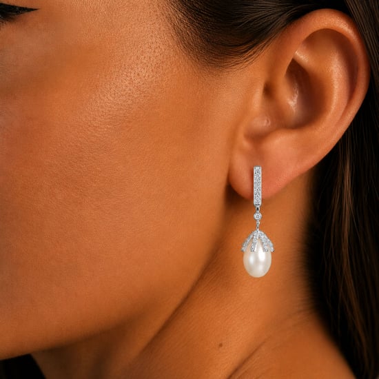 Women's Imperial Pearl Earrings in 925 Sterling Silver and Cubic Zirconia BIPE038 - Image 2