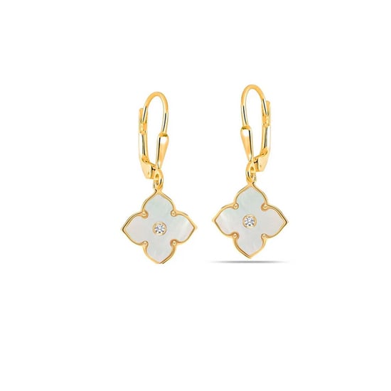 Women's Silver Earrings with Gold Plating, Clover Design, Mother-of-Pearl and Cubic Zirconia BIPE080 - Image 1