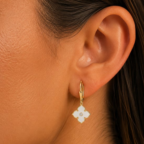 Women's Silver Earrings with Gold Plating, Clover Design, Mother-of-Pearl and Cubic Zirconia BIPE080 - Image 2