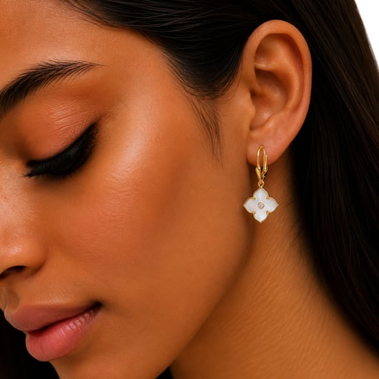 Women's Silver Earrings with Gold Plating, Clover Design, Mother-of-Pearl and Cubic Zirconia BIPE080 - Image 3