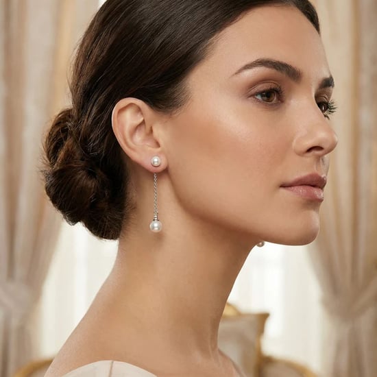 Women's Imperial Pearl Earrings in Sterling Silver with Chain and Cubic Zirconia 925 BIPE035 - Image 2