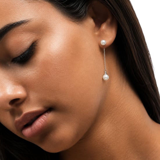 Women's Imperial Pearl Earrings in Sterling Silver with Chain and Cubic Zirconia 925 BIPE035 - Image 3
