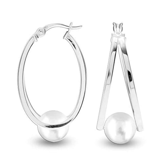 Women's Oval Hoop Earrings with White Pearl, 925 Sterling Silver BIPE030 - Image 1