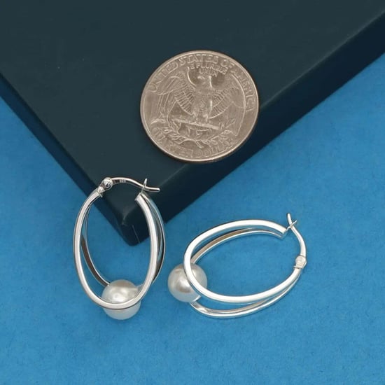 Women's Oval Hoop Earrings with White Pearl, 925 Sterling Silver BIPE030 - Image 3