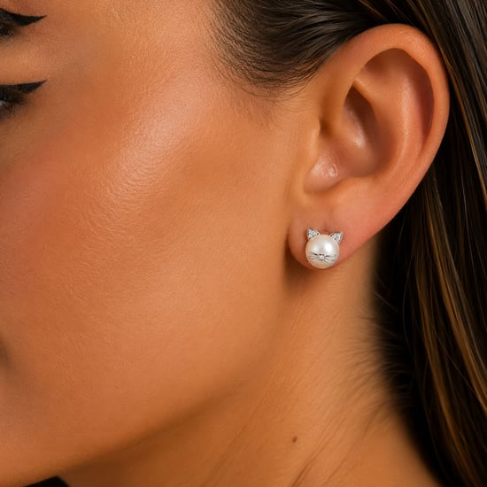 Dames Kat Pearl Oorbellen in 925 Sterling Zilver en Natuurlijke Parel BIPE046 - Image 3