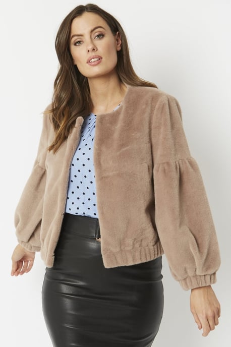 Cashmer Efect Cropped Faux Fur Jacket with Puff Sleeves - Image 1