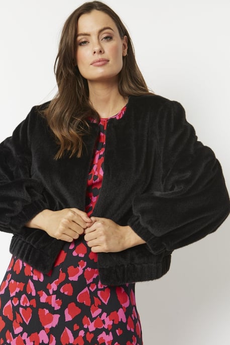 Cashmer Efect Cropped Faux Fur Jacket with Puff Sleeves - Image 1