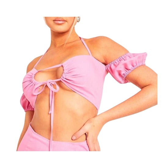 Missy Empire Womens/Ladies Linen Front Tie Crop Top (Pink) - Image 2
