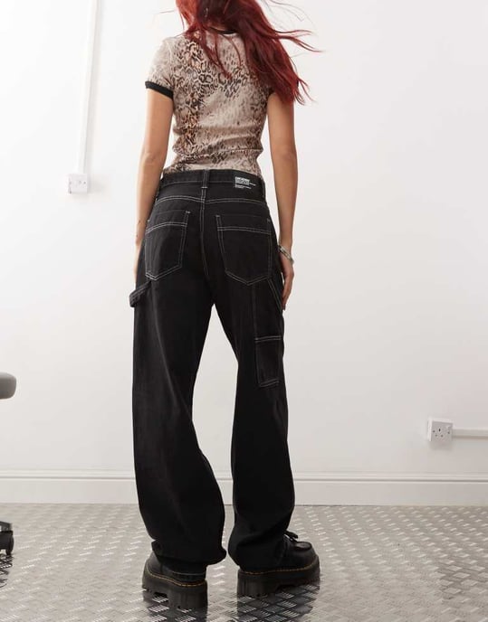 Dr Denim Faye Worker baggy fit mid waist with workwear detail in black - Image 2