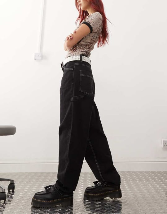 Dr Denim Faye Worker baggy fit mid waist with workwear detail in black - Image 3
