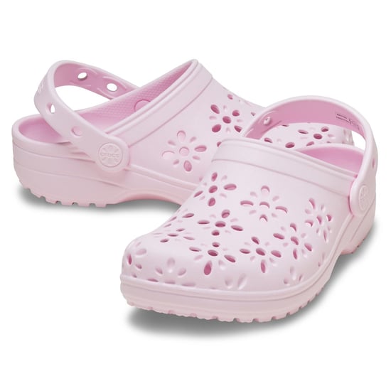 Crocs Classic Blommig Utskuren EVA Barn Rosa Mjölk Träskor - Image 3