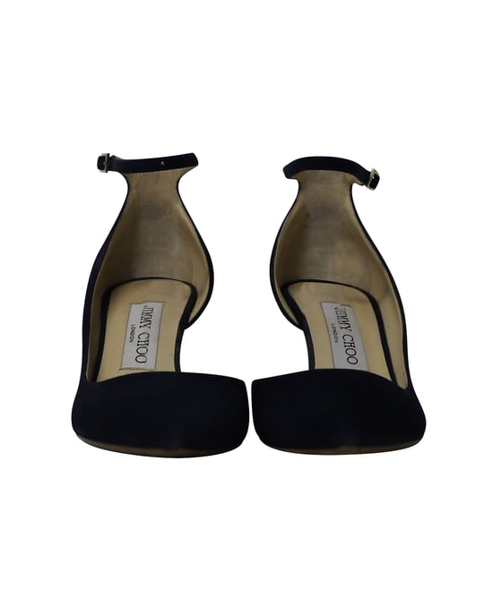 Jimmy Choo Mid Heel Pointed Pumps in Navy Blue Suede - Image 2