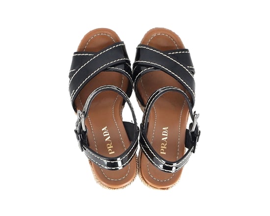 Prada Cross Strap Wedge Sandals in Black Patent Leather - Image 5
