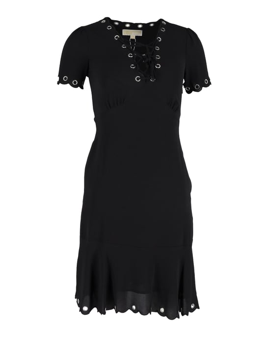 Michael Kors jurk met oogjes en vetersluiting, geschulpte rand, in zwart polyester - Image 1