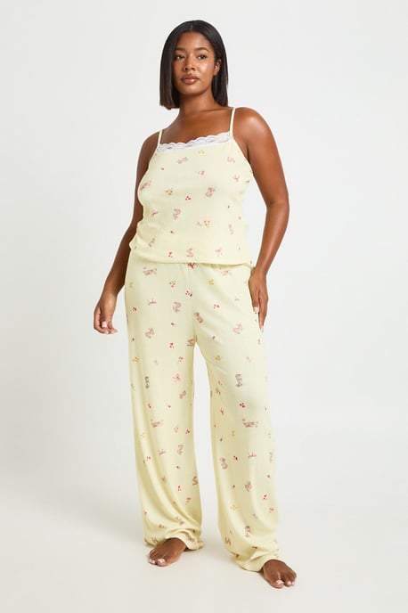 Plus Pointelle Bunny Print Cami And Trouser Pj Set - Image 1