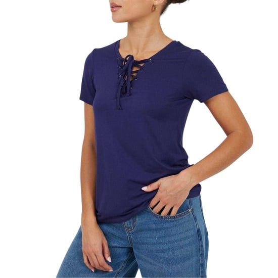 Brave Soul Effen T-shirt met vetersluiting voor dames (Marine) - Image 1