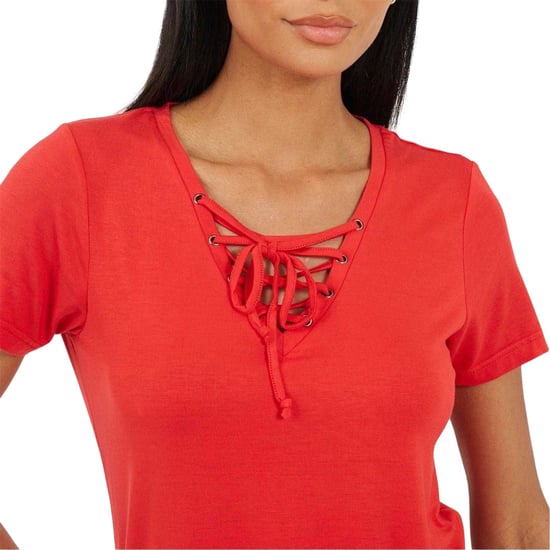 Brave Soul Effen T-shirt met vetersluiting voor dames (Echt rood) - Image 3