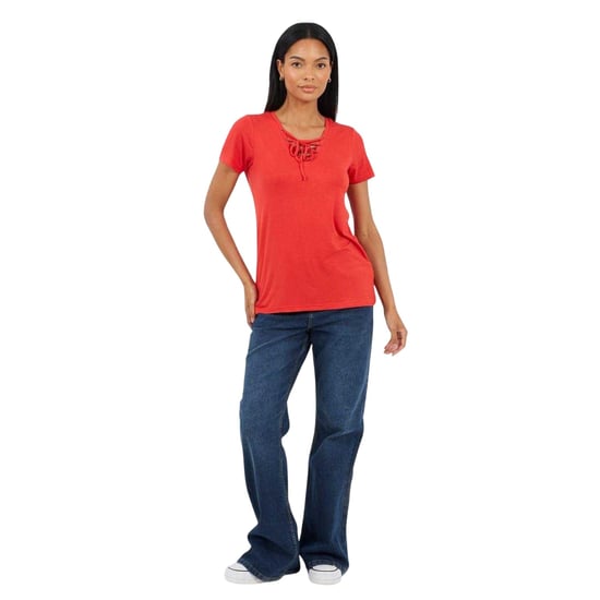 Brave Soul Effen T-shirt met vetersluiting voor dames (Echt rood) - Image 4