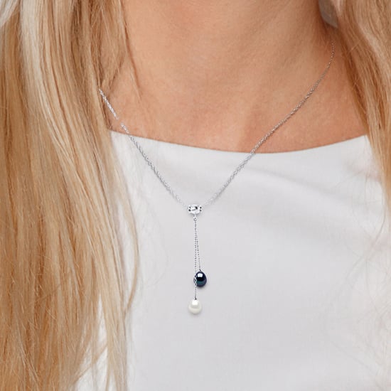 DIADEMA - Necklace - DUO 2 Real Freshwater Pearls - Black & White - Silver - Image 2