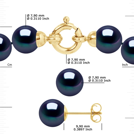 DIADEMA - Set - Necklace/Earrings - Real Freshwater Pearls - Black Tahitian Style - Yellow Gold - Image 3