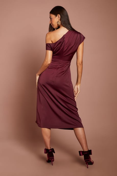 Off Shoulder Satin Side Tie Midi Dress - Image 3
