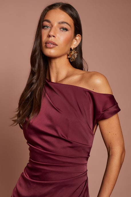 Off Shoulder Satin Side Tie Midi Dress - Image 4