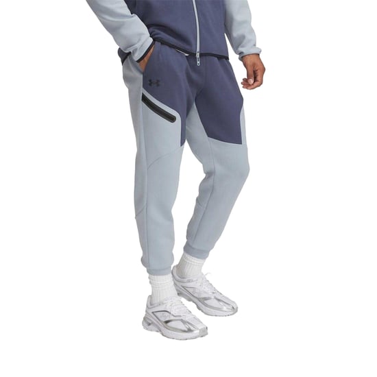 Under Armour Joggingbyxor för män i Unstoppable-fleece med dragkedja och fickor (Grå/blå/svart) - Image 2