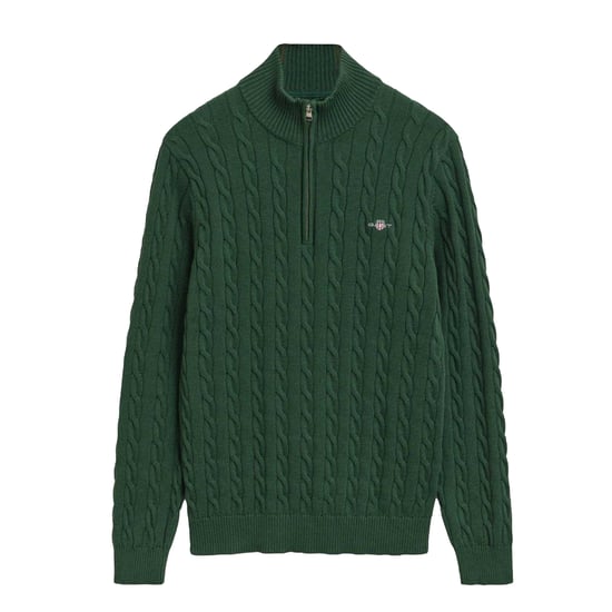 Gant Kabelstickad tröja med halv dragkedja för herrar (Grön) - Image 1