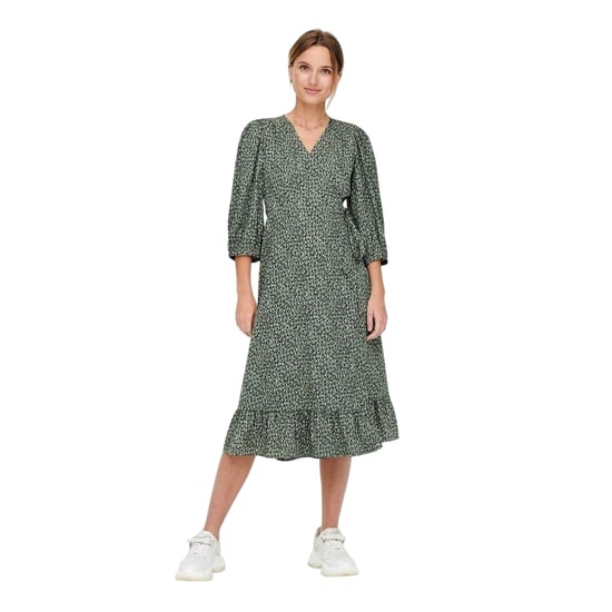 Only Damesjurk Olivia met abstracte print, V-hals, pofmouwen en overslag (Balsem Groen) - Image 1