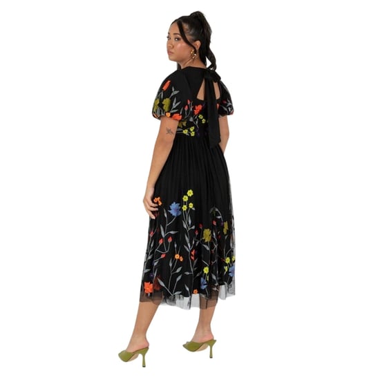 Maya Deluxe Womens/Ladies Floral Crew Neck Puff Sleeve Midi Dress (Black) - Image 3