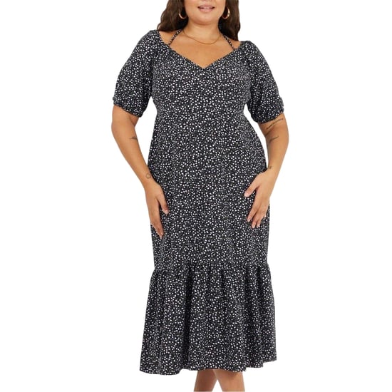 Brave Soul Midi-jurk voor dames met V-hals, stippenpatroon en gebogen silhouet, met korte mouwen (Zwart/Paars) - Image 1