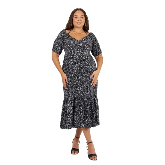 Brave Soul Midi-jurk voor dames met V-hals, stippenpatroon en gebogen silhouet, met korte mouwen (Zwart/Paars) - Image 4