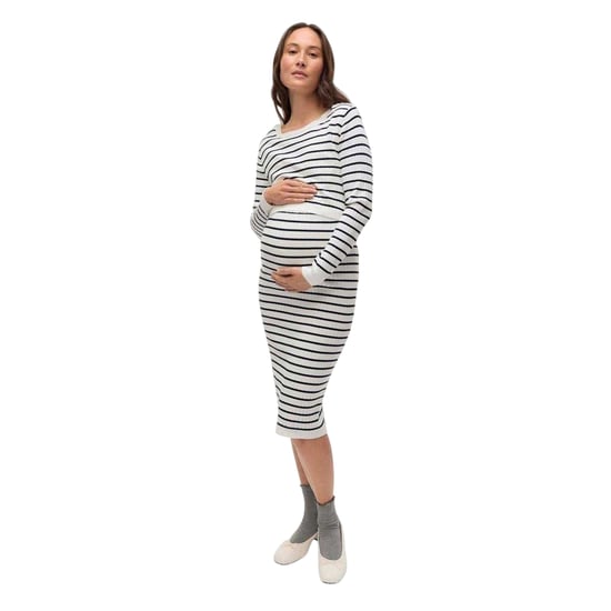 Mamalicious Midalång klänning med rund halsringning och långa ärmar i randigt mönster från Mlalima för damer (Snövit) - Image 1