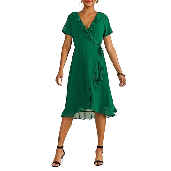Yumi Dames Frill V-Hals Wikkeljurk (Groen) - Image 1