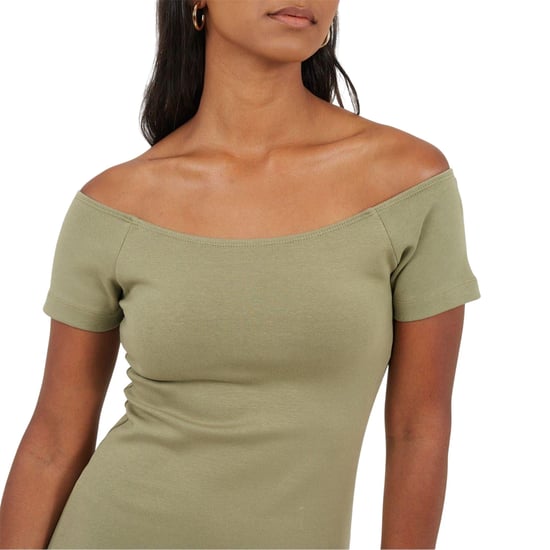 Brave Soul Dames Off Shoulder Korte Mouwen Bodycon Jurk (Khaki) - Image 4