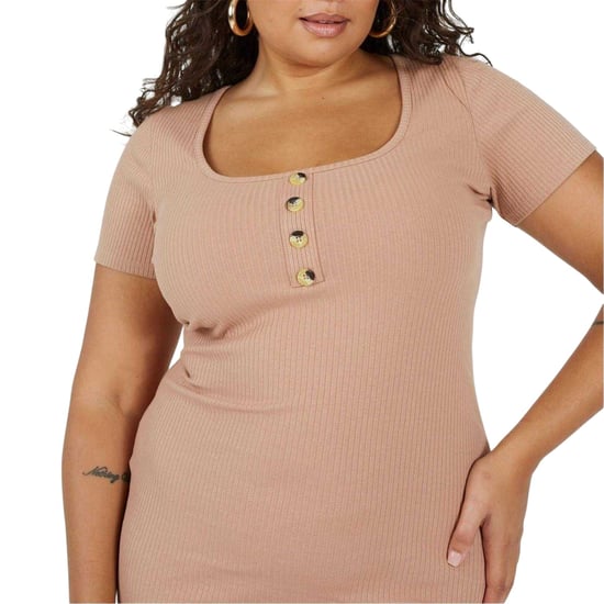 Brave Soul Mini-jurk met vierkante halslijn en korte mouwen voor dames (grote maten) (Taupe) - Image 4