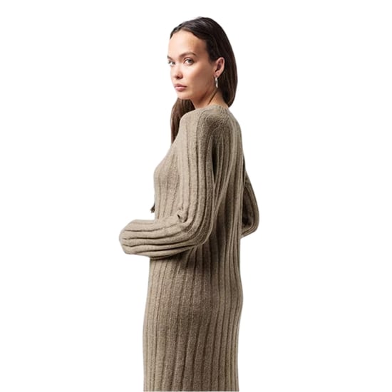 Pieces Gebreide midi-jurk met ronde hals en lange mouwen voor dames (Taupe Grijs) - Image 3