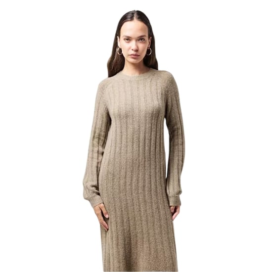 Pieces Gebreide midi-jurk met ronde hals en lange mouwen voor dames (Taupe Grijs) - Image 4